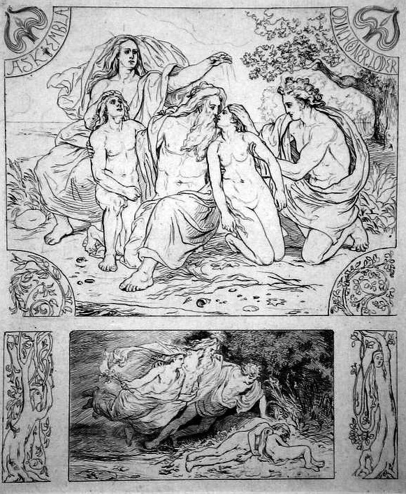 La creazione dell'uomo secondo l'Edda. Illustrazione di Lorenz Frølich (1820-1908)  